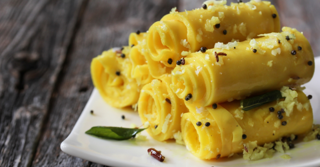 Khandvi, made of Soft, rolled-up gram flour sheets Gujju Dish