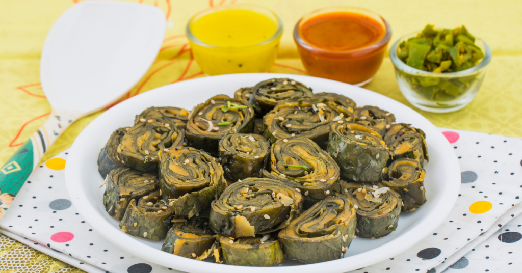 Patra a stuffed rolled colocasia leaves snack 